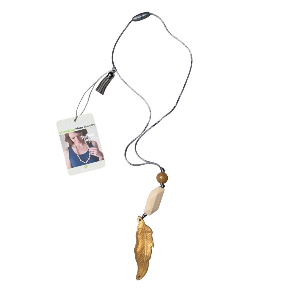 Itzy Ritzy Teething Necklace Feather Pendant Gold/Beige Silicone BPA-Free